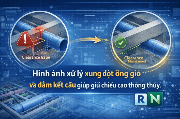 Hình ảnh xử lý xung đột ống gió và dầm kết cấu giúp giữ chiều cao thông thủy.
