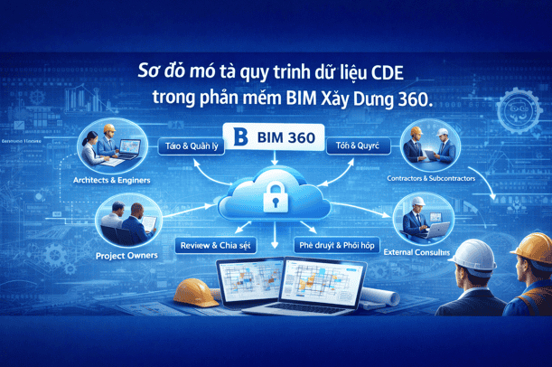 Sơ đồ mô tả quy trình dữ liệu CDE trong phần mềm BIM Xây Dựng 360.