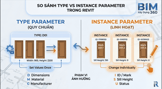Đồ họa so sánh đơn giản: Nhóm đối tượng (Type) và Cá thể riêng lẻ (Instance).