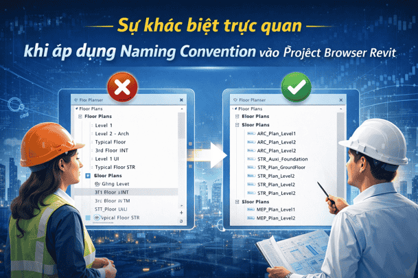 Sự khác biệt trực quan khi áp dụng Naming Convention vào Project Browser Revit.