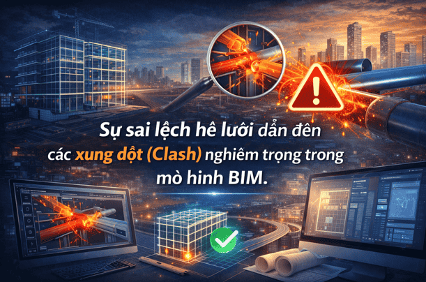 Sự sai lệch hệ lưới là nguyên nhân chính gây ra các xung đột (Clash) nghiêm trọng trong mô hình BIM.