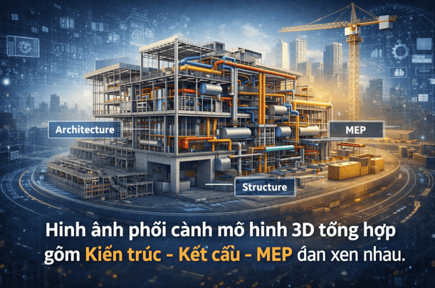 Hình ảnh phối cảnh mô hình 3D tổng hợp gồm Kiến trúc - Kết cấu - MEP đan xen nhau một cách khoa học.