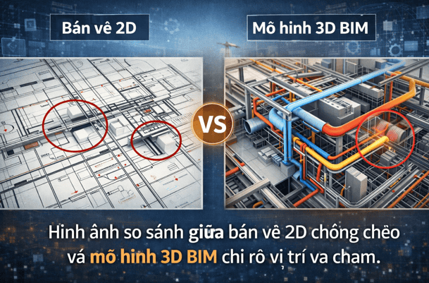 Hình ảnh so sánh giữa bản vẽ 2D chồng chéo khó nhận diện và mô hình 3D BIM chỉ rõ vị trí va chạm trực quan bằng màu sắc.