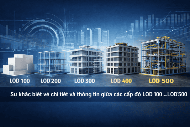  Sự khác biệt về chi tiết và thông tin giữa các cấp độ LOD 100 đến LOD 500