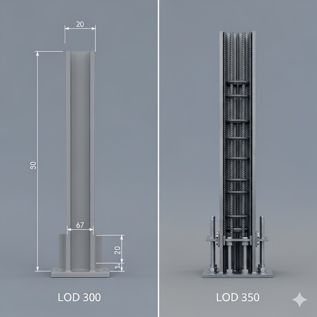 Phân biệt so sánh trực quan giữa LOD 300 và LOD 350