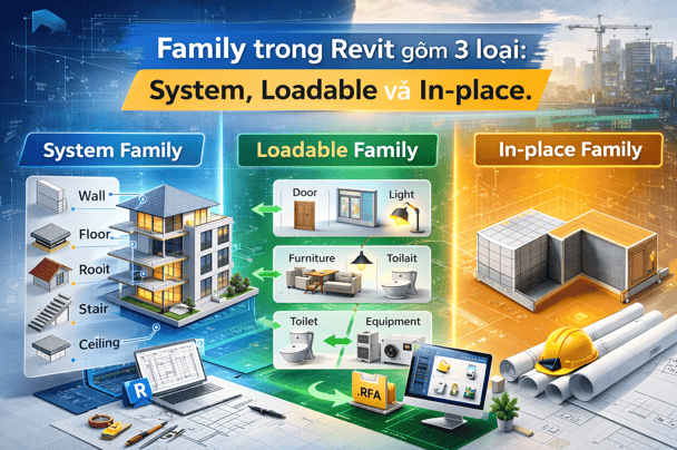 Family trong Revit gồm 3 loại chính: System, Loadable và In-place.