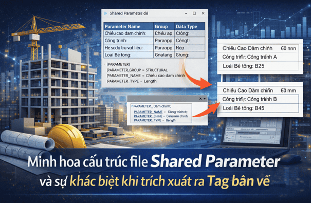 Minh họa cấu trúc file Shared Parameter và sự khác biệt khi trích xuất ra Tag bản vẽ