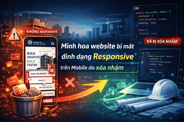 Minh họa website bị mất định dạng Responsive trên Mobile do xóa nhầm Media Queries