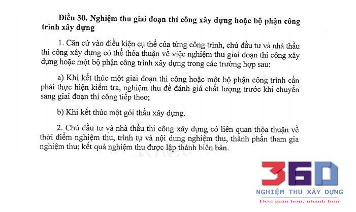 Điều 30 Nghị định 46/2015/NĐ-CP quy định về Nghiệm thu giai đoạn thi công xây dựng hoặc bộ phận công trình xây dựng