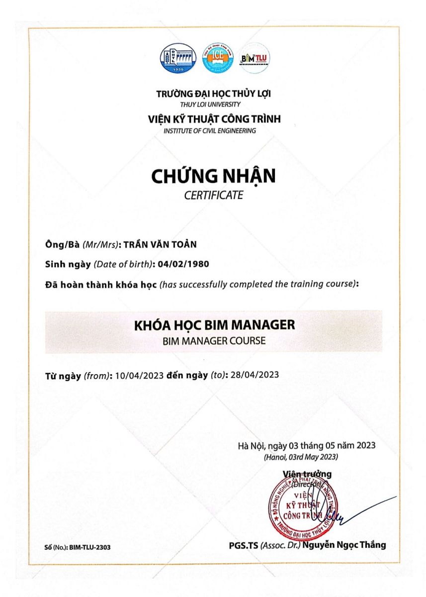 Chứng nhận BIM bởi Viện Kỹ Thuật Công Trình trường Đại học Thủy Lợi cấp