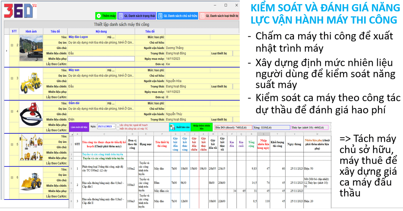 Quản lý Xe máy thi công, sửa chữa, vị trí đang thực hiện - Phần mềm quản lý thi công 360