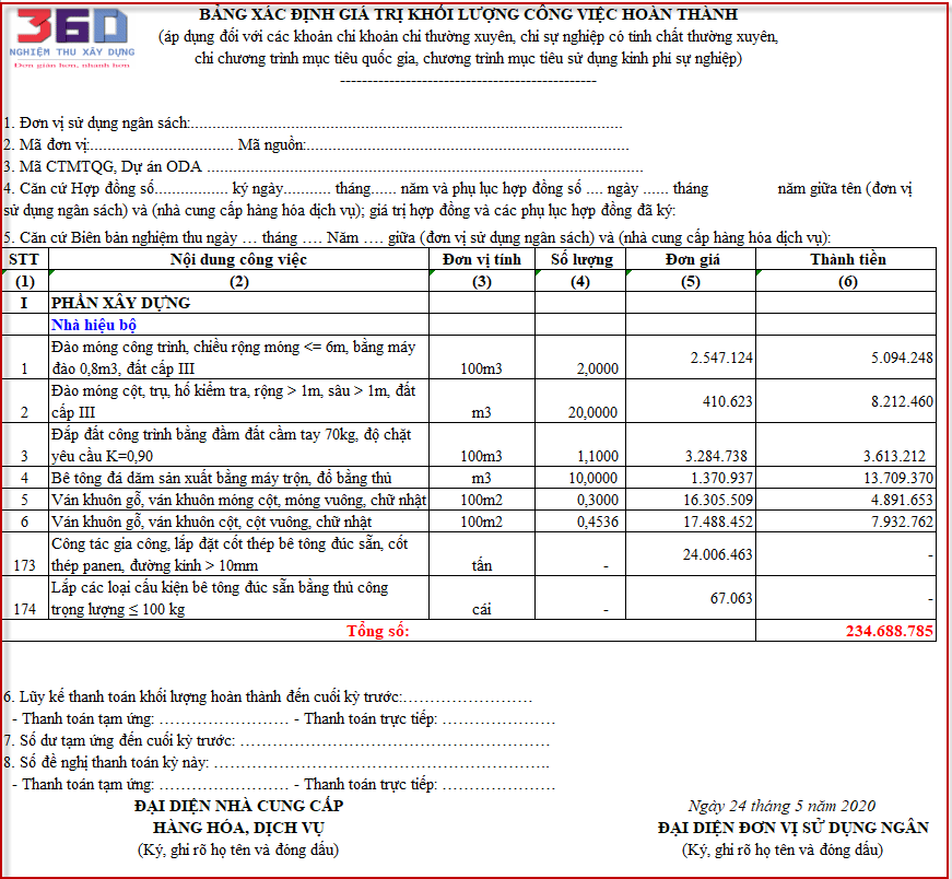 Bảng xác định giá trị hoàn thành thanh toán theo mẫu 8a Nghị định 11.2020.NĐ-CP