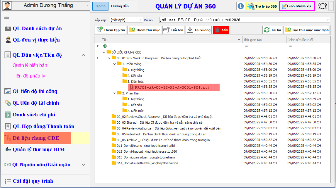 Cấu tạo thực tế CDE trên phần mềm Quản lý dự án 360