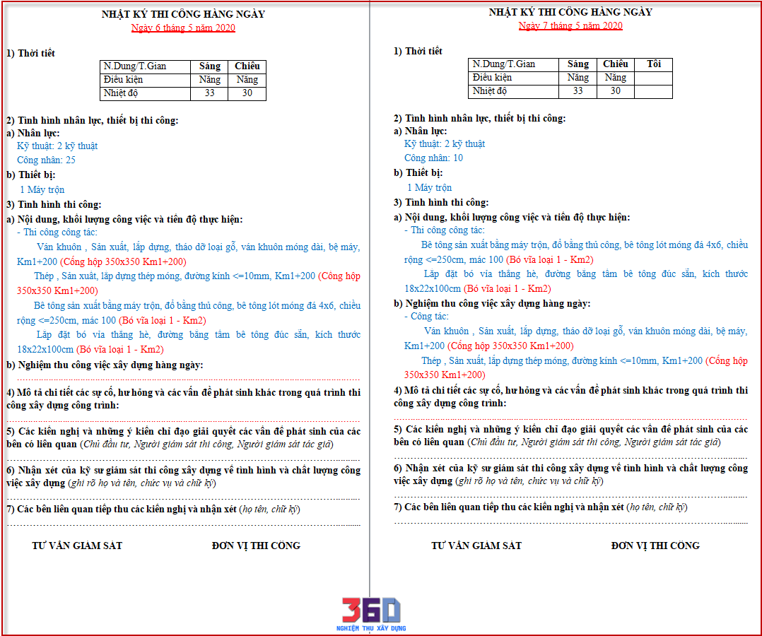 Mẫu nhật ký theo Thông tư 26/2016/BXD