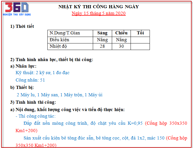 Nhật ký thi công xây dựng công trình 360
