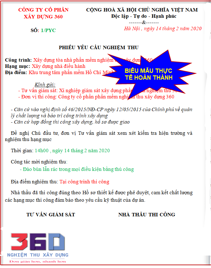 Mẫu Phiếu yêu cầu gồm đơn vị thi công và TVGS ký
