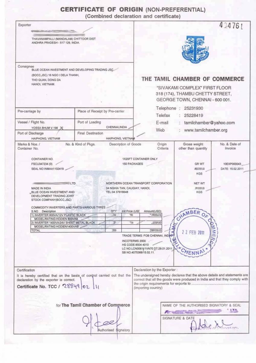 Giấy xuất xứ CO theo quy định