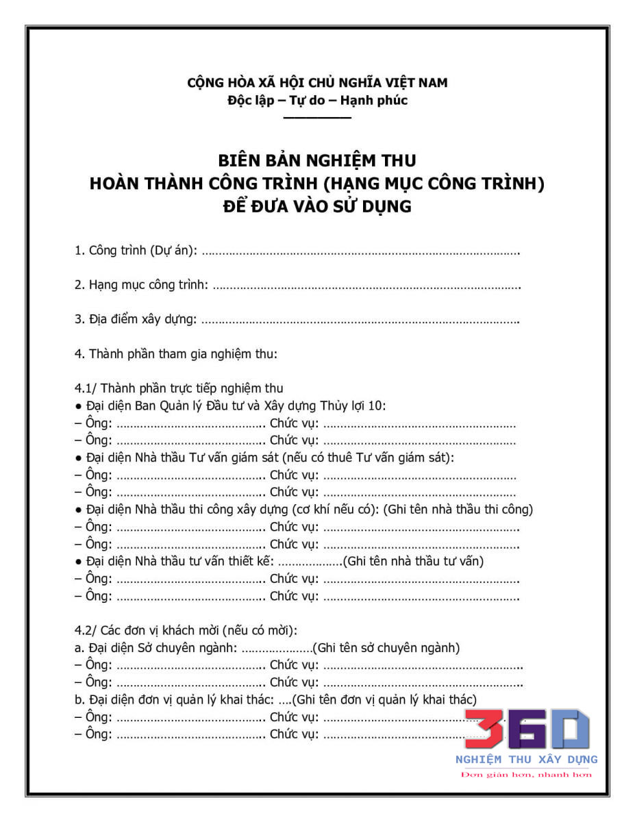 Mẫu biên bản nghiệm thu hoàn thành đưa vào sử dụng mới nhất