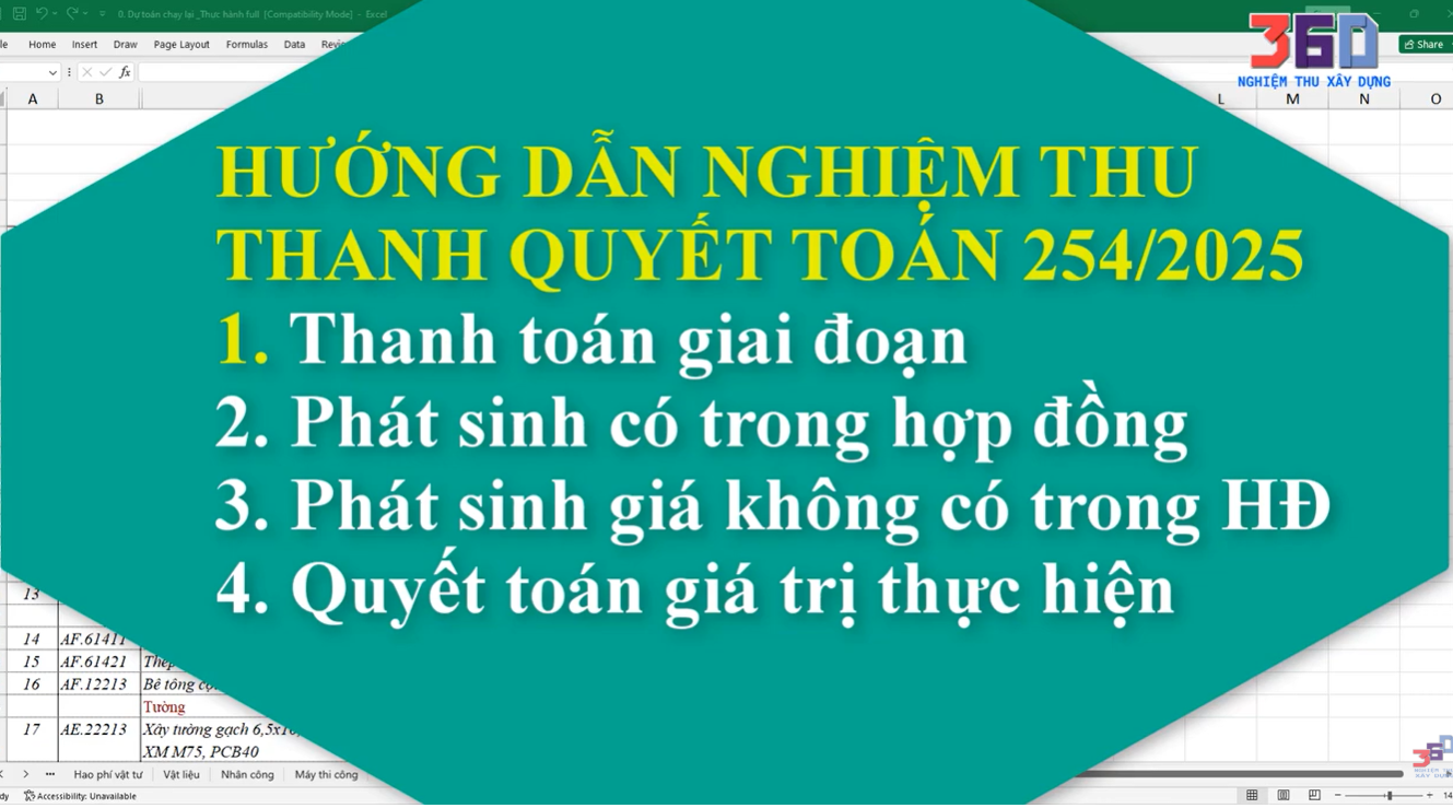 Hướng dẫn nghiệm thu, phát sinh có trong hợp đồng và không có trong hợp đồng quyết toán 3c theo 254